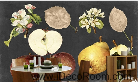 Image of Retro Black Fruit Apple Pear Apple Flower Pear Flower oil painting effect wall art wall decor mural wallpaper wall IDCWP-000267