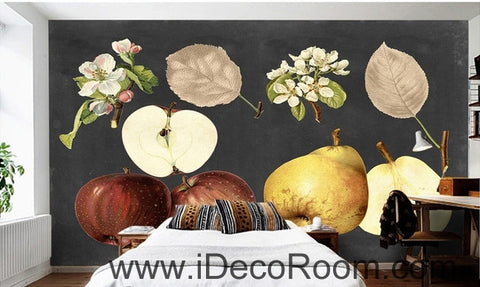 Image of Retro Black Fruit Apple Pear Apple Flower Pear Flower oil painting effect wall art wall decor mural wallpaper wall IDCWP-000267