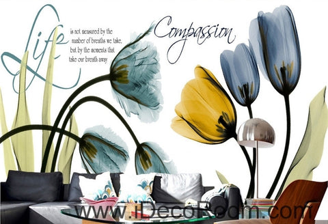 Image of Beautiful dream fresh blue yellow tulip transparent flower wall art wall decor mural wallpaper wall IDCWP-000270