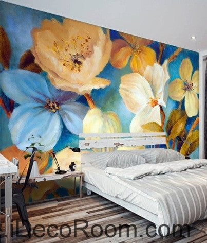 Image of Beautiful dream fresh blue light yellow blooming flowers poppy flower wall art wall decor mural wallpaper wall IDCWP-000271