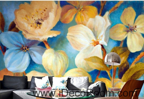 Image of Beautiful dream fresh blue light yellow blooming flowers poppy flower wall art wall decor mural wallpaper wall IDCWP-000271