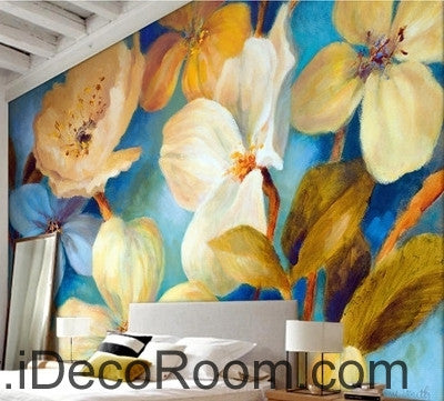 Image of Beautiful dream fresh blue light yellow blooming flowers poppy flower wall art wall decor mural wallpaper wall IDCWP-000271