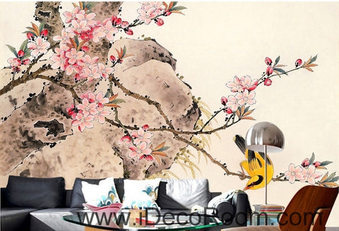Image of Retro pink cherry blossom on the branches of the oriole magpie oil painting effect wall art wall decor mural wallpaper wall IDCWP-000273