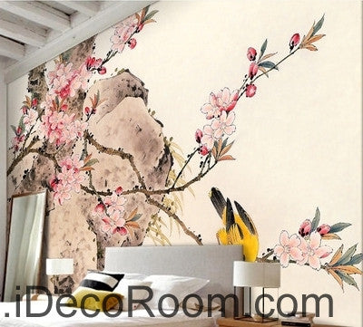 Image of Retro pink cherry blossom on the branches of the oriole magpie oil painting effect wall art wall decor mural wallpaper wall IDCWP-000273