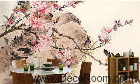 Image of Retro pink cherry blossom on the branches of the oriole magpie oil painting effect wall art wall decor mural wallpaper wall IDCWP-000273