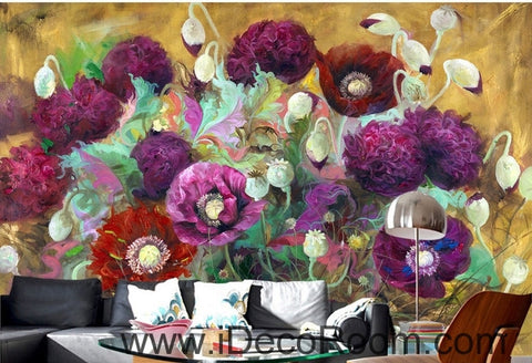 Image of Beautiful dream romantic blooming purple poppy oil painting effect wall art wall decor mural wallpaper wall IDCWP-000275