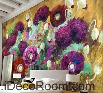 Image of Beautiful dream romantic blooming purple poppy oil painting effect wall art wall decor mural wallpaper wall IDCWP-000275