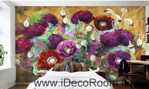 Image of Beautiful dream romantic blooming purple poppy oil painting effect wall art wall decor mural wallpaper wall IDCWP-000275
