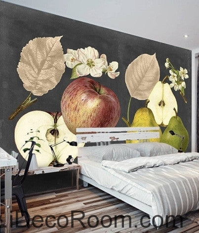 Image of Retro Black Fruit Apple Pear Apple Flower Pear Flower oil painting effect wall art wall decor mural wallpaper wall IDCWP-000276