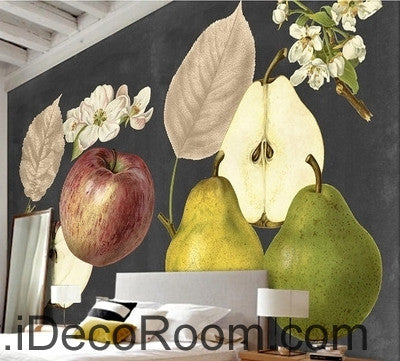 Image of Retro Black Fruit Apple Pear Apple Flower Pear Flower oil painting effect wall art wall decor mural wallpaper wall IDCWP-000276
