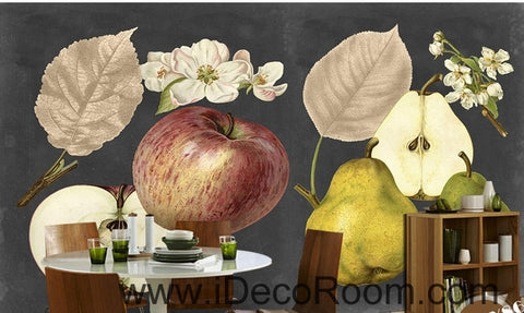 Image of Retro Black Fruit Apple Pear Apple Flower Pear Flower oil painting effect wall art wall decor mural wallpaper wall IDCWP-000276
