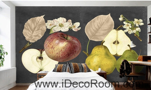 Image of Retro Black Fruit Apple Pear Apple Flower Pear Flower oil painting effect wall art wall decor mural wallpaper wall IDCWP-000276