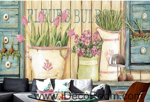 Image of Small fresh pastoral scenery pink tulip vase still life wall art wall decor mural wallpaper wall IDCWP-000279