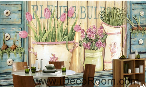 Image of Small fresh pastoral scenery pink tulip vase still life wall art wall decor mural wallpaper wall IDCWP-000279