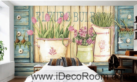 Image of Small fresh pastoral scenery pink tulip vase still life wall art wall decor mural wallpaper wall IDCWP-000279