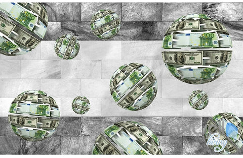 Image of 3D Euro Dollar Sphere 5D Wall Paper Mural Art Print Decals Business Decor IDCWP-3DB-000018