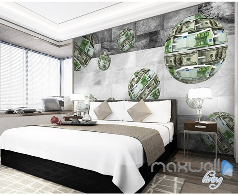 Image of 3D Euro Dollar Sphere 5D Wall Paper Mural Art Print Decals Business Decor IDCWP-3DB-000018