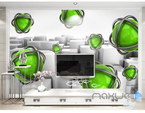 Image of 3D Green Ball Blocks 5D Wall Paper Mural Art Print Decals Business Decor IDCWP-3DB-000030