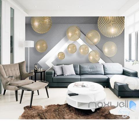 Image of 3D Yellow Hollow Ball 5D Wall Paper Mural Modern Art Print Decals Decor IDCWP-3DB-000033