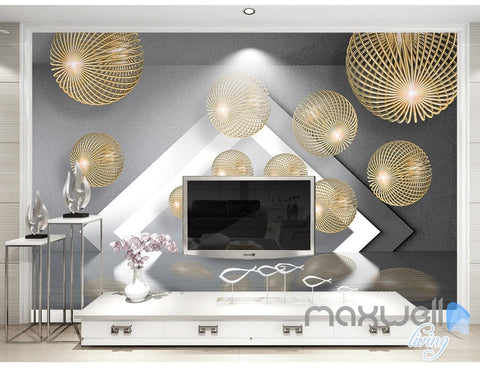 Image of 3D Yellow Hollow Ball 5D Wall Paper Mural Modern Art Print Decals Decor IDCWP-3DB-000033