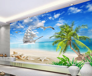 seascape beach coconut tree sailing Wallpaper IDCWP-DZ-000135