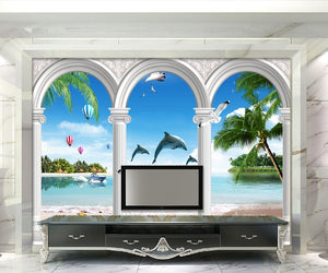 European arch column seaside beach island coconut dolphins window seascape Wallpaper IDCWP-DZ-000176