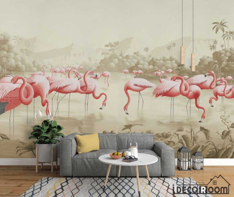 Image of European retro flowers birds scenery flamingo wallpaper wall murals IDCWP-HL-000005
