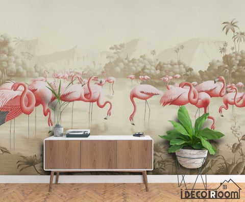 Image of European retro flowers birds scenery flamingo wallpaper wall murals IDCWP-HL-000005