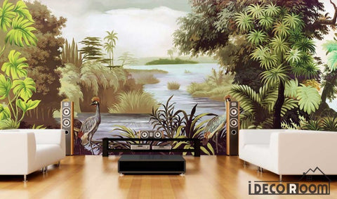 Image of European retro rainforest flamingo garden wallpaper wall murals IDCWP-HL-000019