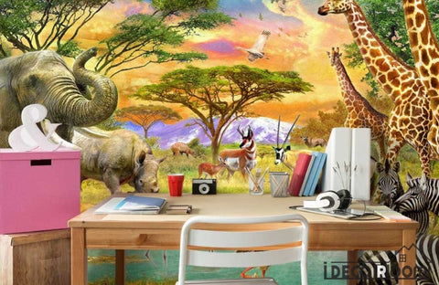 Image of Forest lion giraffe zebra flamingo animal wallpaper wall murals IDCWP-HL-000021
