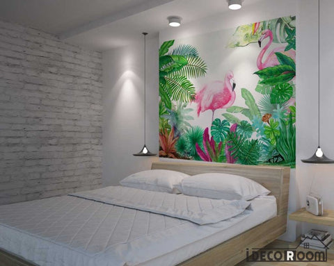 Image of forest park landscape flamingo green monstera wallpaper wall murals IDCWP-HL-000040