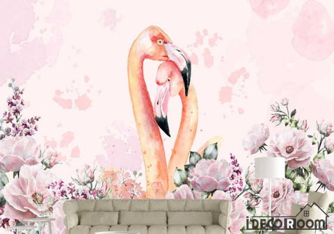 Image of Nordic minimalism watercolor flamingo floral wallpaper wall murals IDCWP-HL-000048