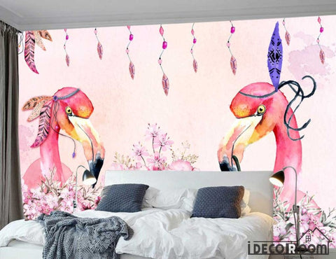 Image of Nordic watercolor flamingo floral wallpaper wall murals IDCWP-HL-000049