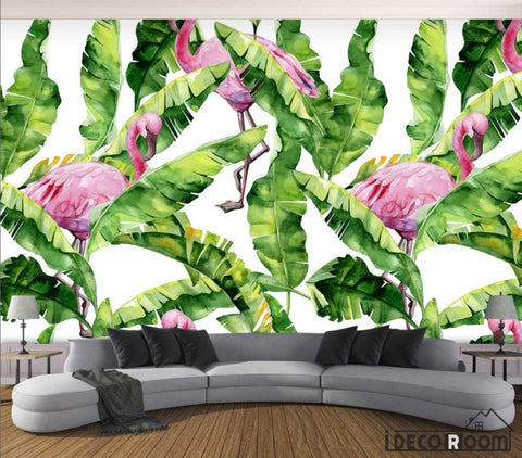Image of Nordic watercolor banana leaf flamingo wallpaper wall murals IDCWP-HL-000069