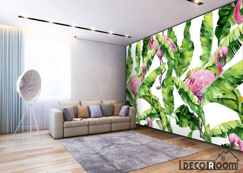 Image of Nordic watercolor banana leaf flamingo wallpaper wall murals IDCWP-HL-000069