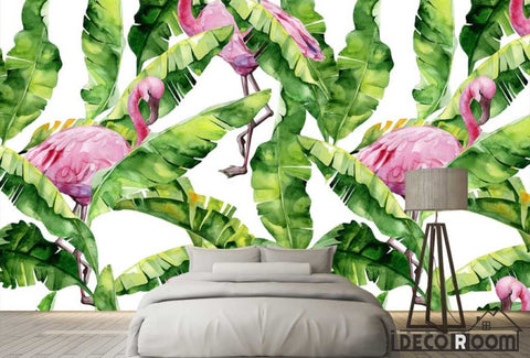 Image of Nordic watercolor banana leaf flamingo wallpaper wall murals IDCWP-HL-000069