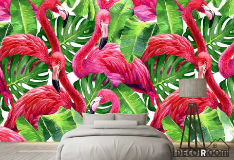 Image of Nordic style watercolor plant leaf flamingo wallpaper wall murals IDCWP-HL-000070