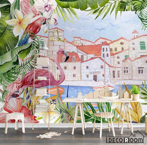 Image of Nordic minimalist flamingo plant floral wallpaper wall murals IDCWP-HL-000077