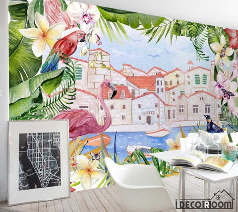 Image of Nordic minimalist flamingo plant floral wallpaper wall murals IDCWP-HL-000077