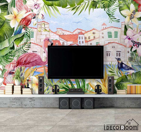 Image of Nordic minimalist flamingo plant floral wallpaper wall murals IDCWP-HL-000077