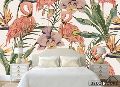 Image of Modern minimalist rainforest flamingo garden wallpaper fresco IDCWP-HL-000084