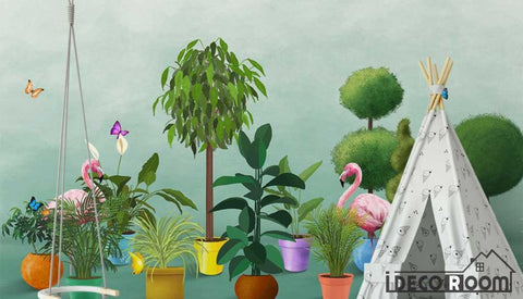 Image of Nordic plant flamingo garden wallpaper wall murals IDCWP-HL-000085