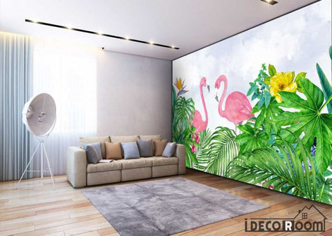Image of Nordic tropical plant flamingo watercolor wallpaper wall murals IDCWP-HL-000086
