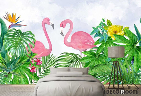 Image of Nordic tropical plant flamingo watercolor wallpaper wall murals IDCWP-HL-000086