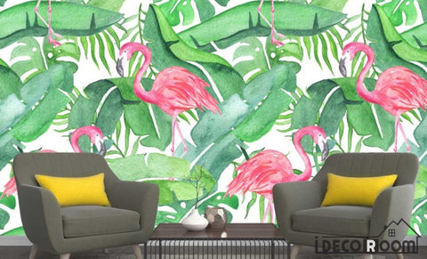Image of Nordic plant green leaf flamingo wallpaper wall murals IDCWP-HL-000096