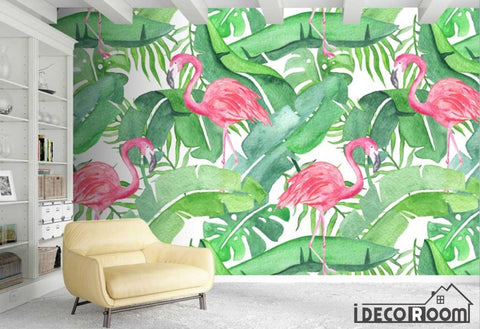 Image of Nordic plant green leaf flamingo wallpaper wall murals IDCWP-HL-000096