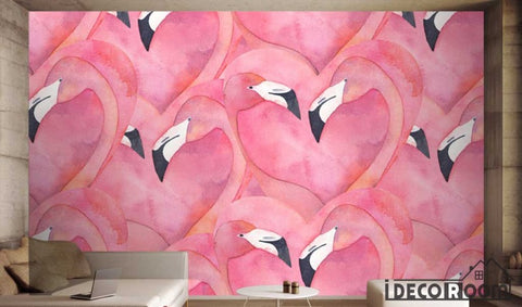 Image of Nordic watercolor flamingo wallpaper wall murals IDCWP-HL-000101
