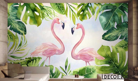 Image of Nordic plant green leaf flamingo wallpaper wall murals IDCWP-HL-000117