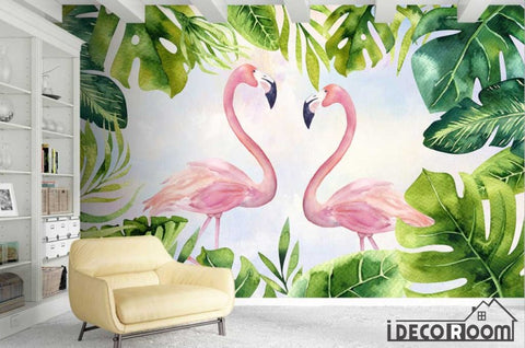 Image of Nordic plant green leaf flamingo wallpaper wall murals IDCWP-HL-000117