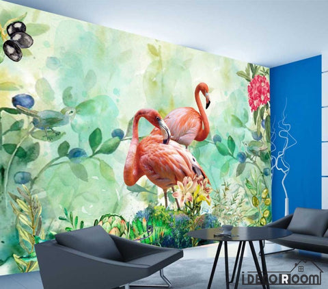 Image of flamingo green plants flowers wallpaper wallpaper wall murals IDCWP-HL-000126
